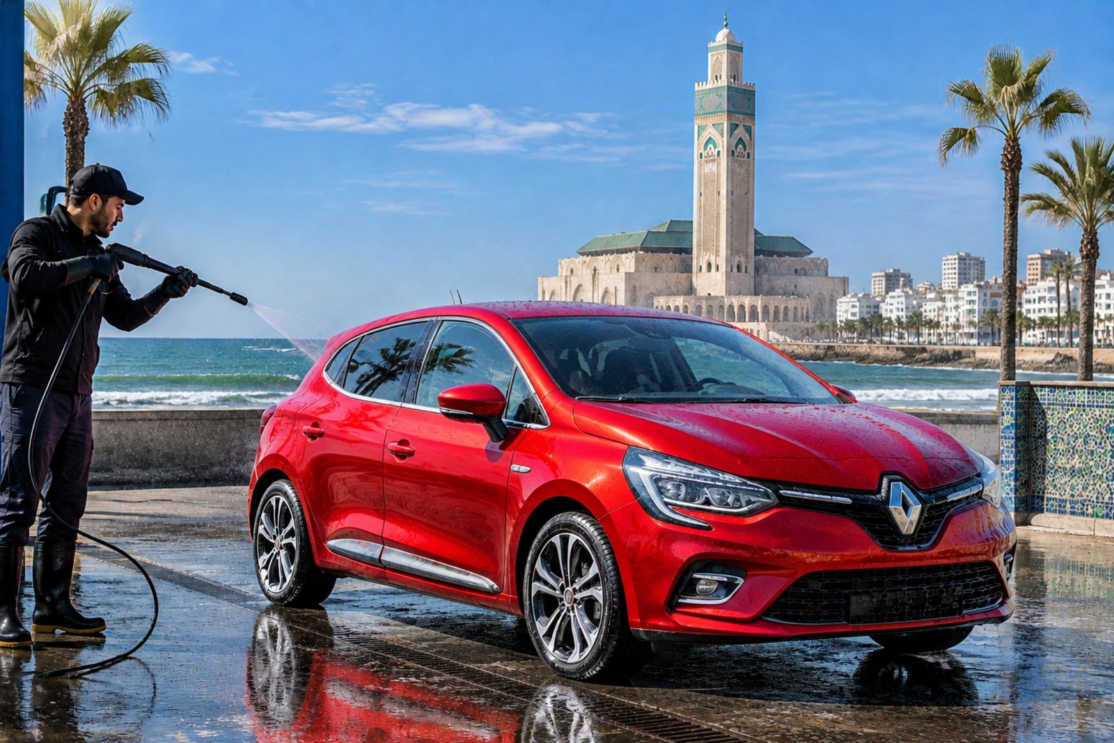 La voiture rouge après le lavage, brillante, devant la mosquée Hassan II