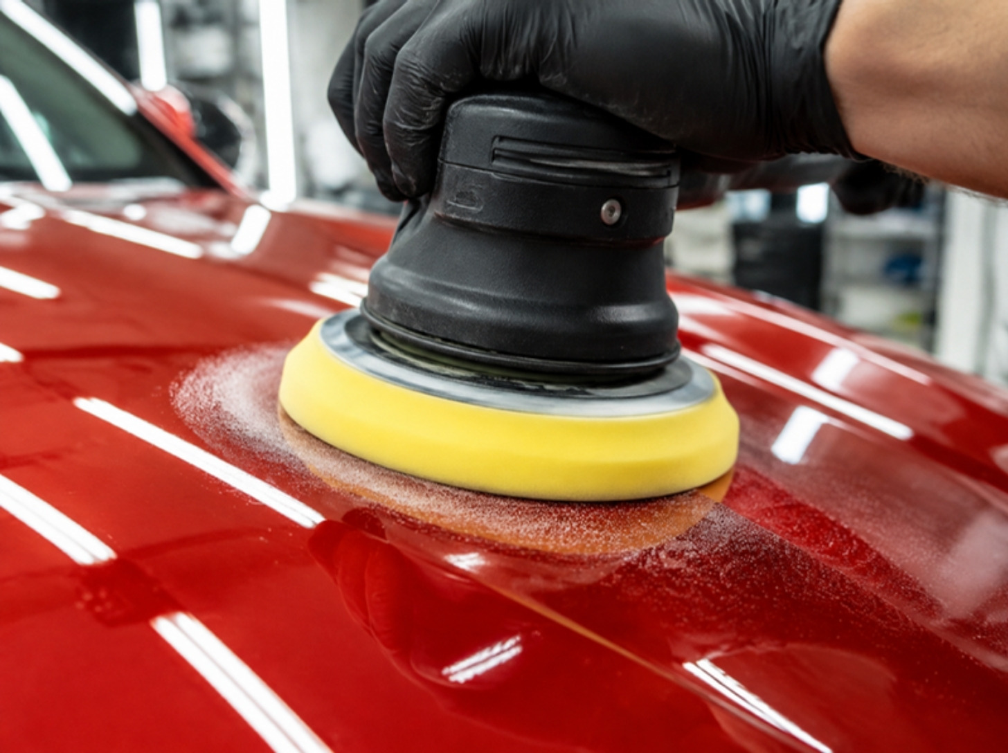 Polisseuse orbitale sur une carrosserie rouge